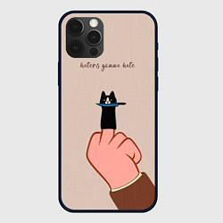 Чехол для iPhone 12 Pro Котик с ножиком и средний палец - текстура холста, цвет: 3D-черный