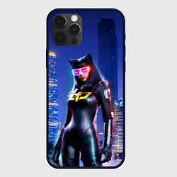 Чехол для iPhone 12 Pro Cat girl on the background of a megalopolis, цвет: 3D-черный