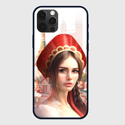 Чехол для iPhone 12 Pro Девушка в кокошнике с косой - кремль, цвет: 3D-черный