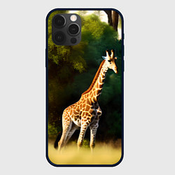 Чехол для iPhone 12 Pro Жираф на фоне деревьев, цвет: 3D-черный