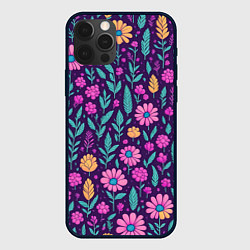 Чехол для iPhone 12 Pro Цветочный паттерн розовые ромашки, цвет: 3D-черный