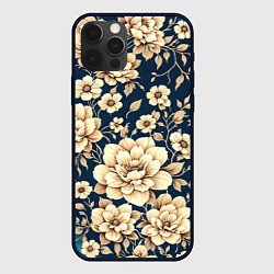 Чехол для iPhone 12 Pro Золотые цветы узор, цвет: 3D-черный