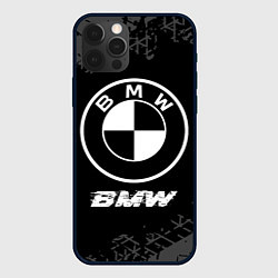 Чехол для iPhone 12 Pro BMW speed на темном фоне со следами шин, цвет: 3D-черный