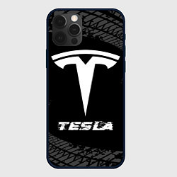 Чехол для iPhone 12 Pro Tesla speed на темном фоне со следами шин, цвет: 3D-черный