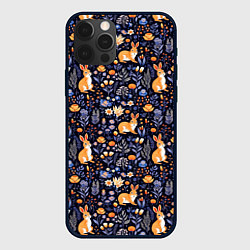 Чехол для iPhone 12 Pro Оранжевые зайчики в траве на синем фоне, цвет: 3D-черный
