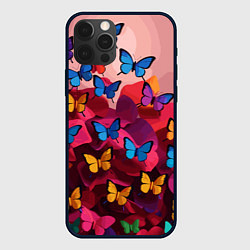 Чехол для iPhone 12 Pro Разноцветные бабочки - розовые цветы, цвет: 3D-черный