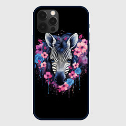 Чехол для iPhone 12 Pro Портрет зебры в цветах, цвет: 3D-черный