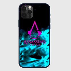 Чехол для iPhone 12 Pro Assassins Creed flame neon, цвет: 3D-черный
