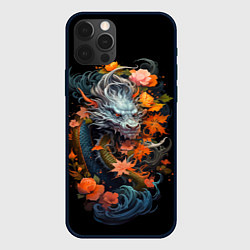 Чехол iPhone 12 Pro Китайский дракон с цветами и волнами