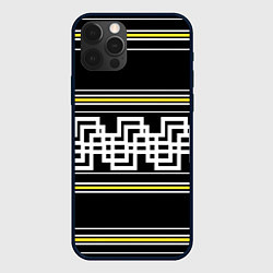 Чехол для iPhone 12 Pro Греческие линии жёлтые и белые, цвет: 3D-черный