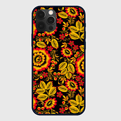 Чехол для iPhone 12 Pro Хохломская роспись золотистые листья и цветы чёрно, цвет: 3D-черный