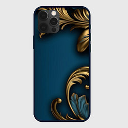 Чехол iPhone 12 Pro Золотые узоры на синем фоне