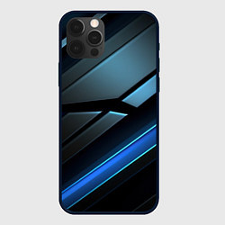 Чехол для iPhone 12 Pro Черная абстракция с синим неоновым ярким свечением, цвет: 3D-черный