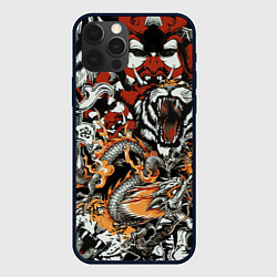 Чехол для iPhone 12 Pro Самурай дракон и тигр, цвет: 3D-черный