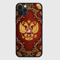 Чехол для iPhone 12 Pro Золотой герб России на красном фоне лепнина, цвет: 3D-черный