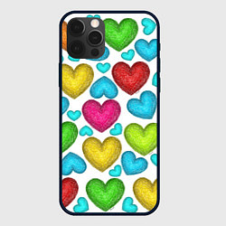 Чехол для iPhone 12 Pro Сердца нарисованные цветными карандашами, цвет: 3D-черный