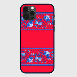 Чехол для iPhone 12 Pro Голубая гжель на красном фоне, цвет: 3D-черный