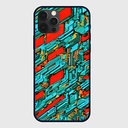 Чехол для iPhone 12 Pro Голубые фрагменты на красном фоне, цвет: 3D-черный