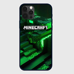 Чехол для iPhone 12 Pro Minecraft logo зеленые неоновые кубы, цвет: 3D-черный