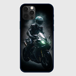 Чехол для iPhone 12 Pro Мотоциклист на спортивном байке черный фон, цвет: 3D-черный