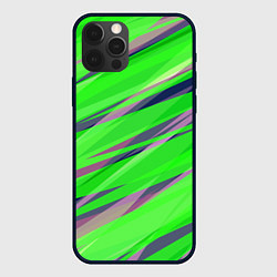 Чехол для iPhone 12 Pro Зелёный и фиолетовый абстрактные полосы, цвет: 3D-черный