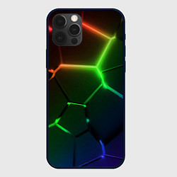 Чехол для iPhone 12 Pro Красные зеленые синие неоновые плиты в разломе, цвет: 3D-черный