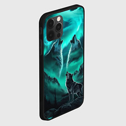 Чехол для iPhone 12 Pro Волки воют на луну и северное сияние, цвет: 3D-черный — фото 2
