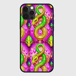 Чехол для iPhone 12 Pro Желто-зеленые змеи паттерн, цвет: 3D-черный