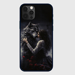 Чехол для iPhone 12 Pro Девушка обнимает волка, цвет: 3D-черный