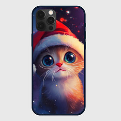 Чехол для iPhone 12 Pro Котик новогодний в шапочке, цвет: 3D-черный