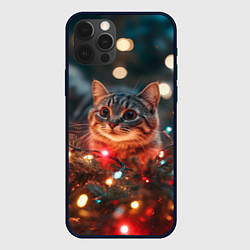 Чехол для iPhone 12 Pro Новогодний котик в гирляндах, цвет: 3D-черный