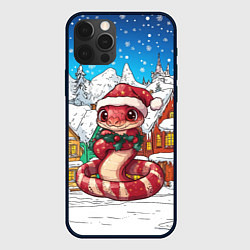 Чехол для iPhone 12 Pro Красная полосатая змейка в новогоднем городке, цвет: 3D-черный