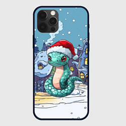 Чехол для iPhone 12 Pro Зеленая змейка в новогоднем городке, цвет: 3D-черный
