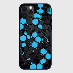 Чехол для iPhone 12 Pro Сине-серые шестиугольники на чёрном фоне, цвет: 3D-черный