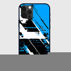 Чехол для iPhone 12 Pro Diagonal black and white stripes on a blue backgro, цвет: 3D-черный