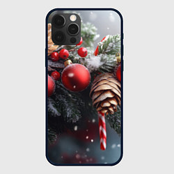 Чехол для iPhone 12 Pro Новогодние украшения на ветках, цвет: 3D-черный