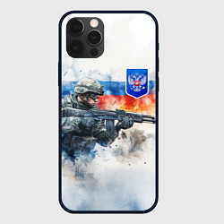 Чехол для iPhone 12 Pro Русский солдат и синий герб РФ, цвет: 3D-черный