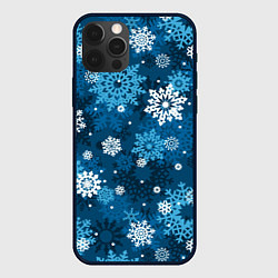Чехол для iPhone 12 Pro Снежинки белые и голубые, цвет: 3D-черный