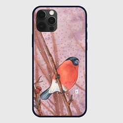 Чехол для iPhone 12 Pro Акварельный снегирь в рябине, цвет: 3D-черный