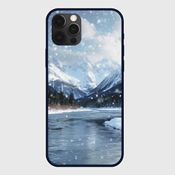 Чехол для iPhone 12 Pro Снежный горный пейзаж с елями и рекой, цвет: 3D-черный