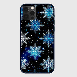 Чехол iPhone 12 Pro Стилизованный чёрно-синий со снежинками