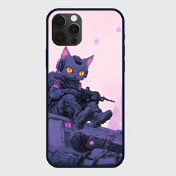 Чехол для iPhone 12 Pro Кот в стиле киберпанк на крыше с автоматом, цвет: 3D-черный