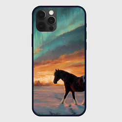 Чехол для iPhone 12 Pro Лошадь на фоне северного сиянми, цвет: 3D-черный