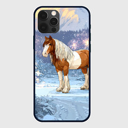 Чехол для iPhone 12 Pro Новогодняя лошадка в лесу, цвет: 3D-черный