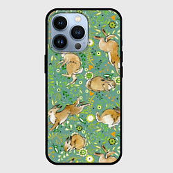 Чехол для iPhone 13 Pro Милые зайчата на полянке, цвет: 3D-черный