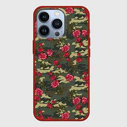 Чехол для iPhone 13 Pro Камуфляж и розы, цвет: 3D-красный