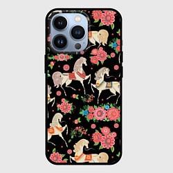 Чехол для iPhone 13 Pro Лошади и цветы, цвет: 3D-черный