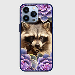 Чехол для iPhone 13 Pro Енот среди цветов, цвет: 3D-тёмно-синий