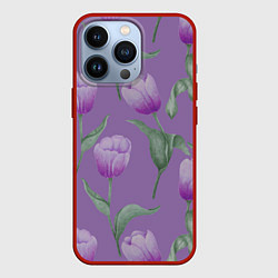 Чехол для iPhone 13 Pro Фиолетовые тюльпаны с зелеными листьями, цвет: 3D-красный