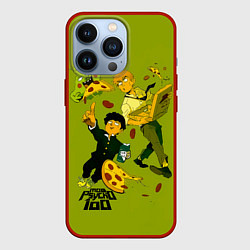 Чехол для iPhone 13 Pro Шигео, Ямочки и Рэйгэн налет на пиццу - Mob Psycho, цвет: 3D-красный